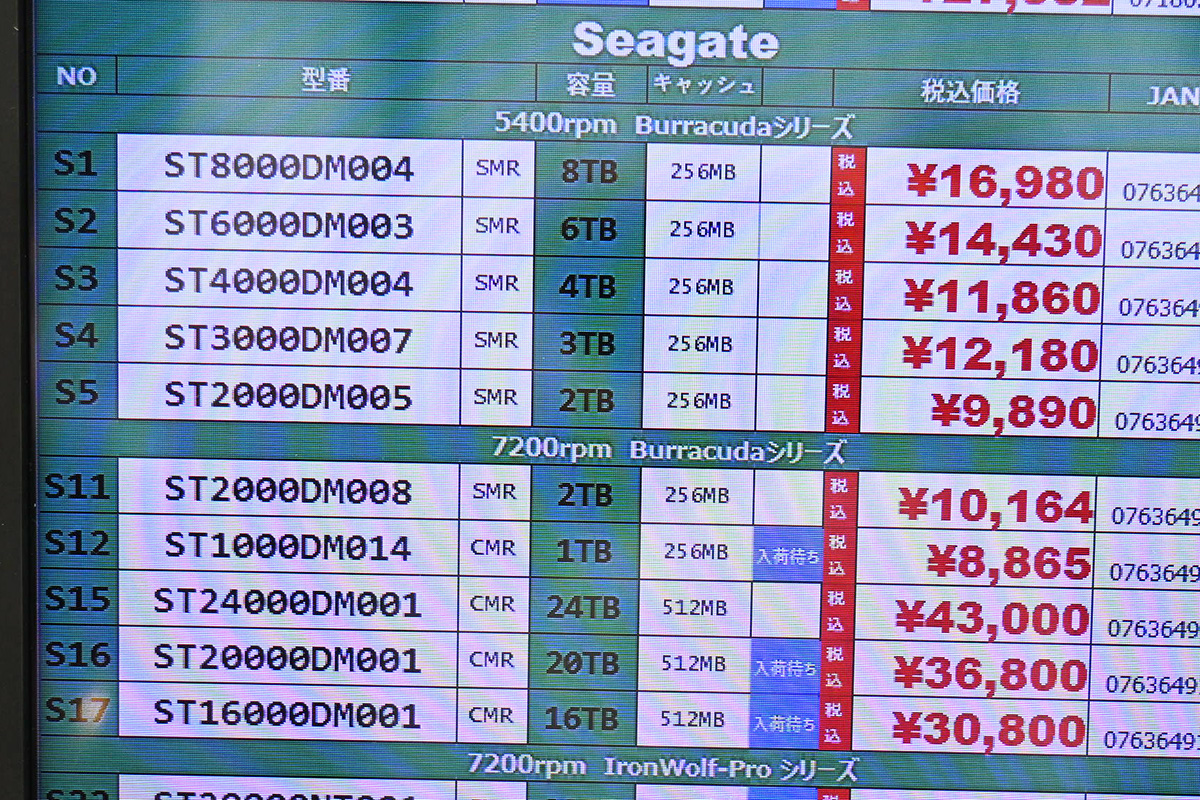 Seagate ST24000DM001(24TB)が43,000円(9月13日撮影)
