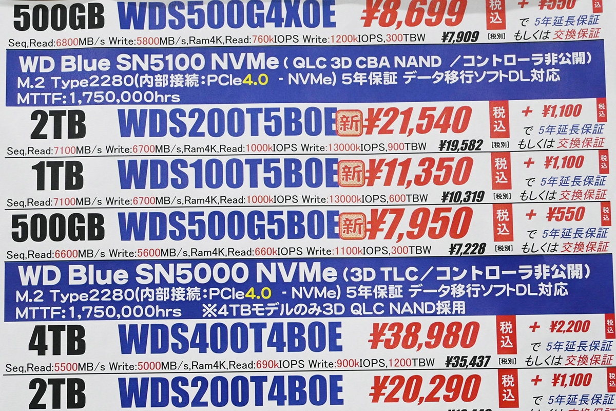 Sandisk「WD Blue SN5100」店頭価格表、WesternDigitalブランドの「SN5000」と並べて掲示(9月20日撮影)