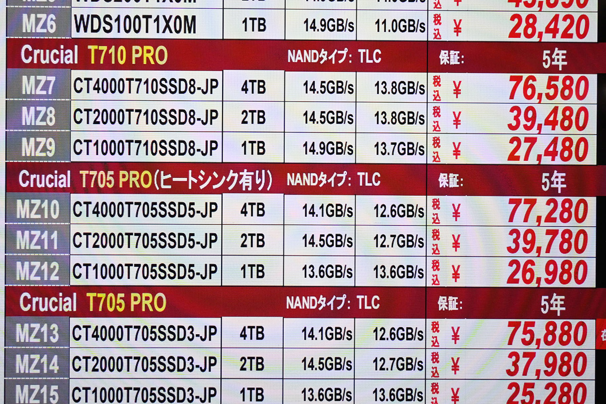 Crucial「T710」店頭価格表(9月20日撮影)