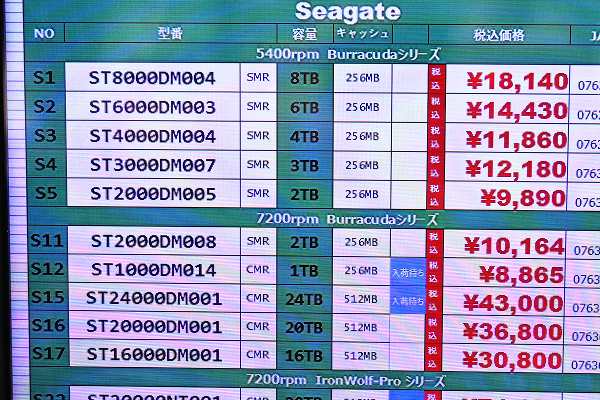 Seagate「BarraCuda」ST20000DM001(20TB)が過去最安の36,800円(9月27日撮影)