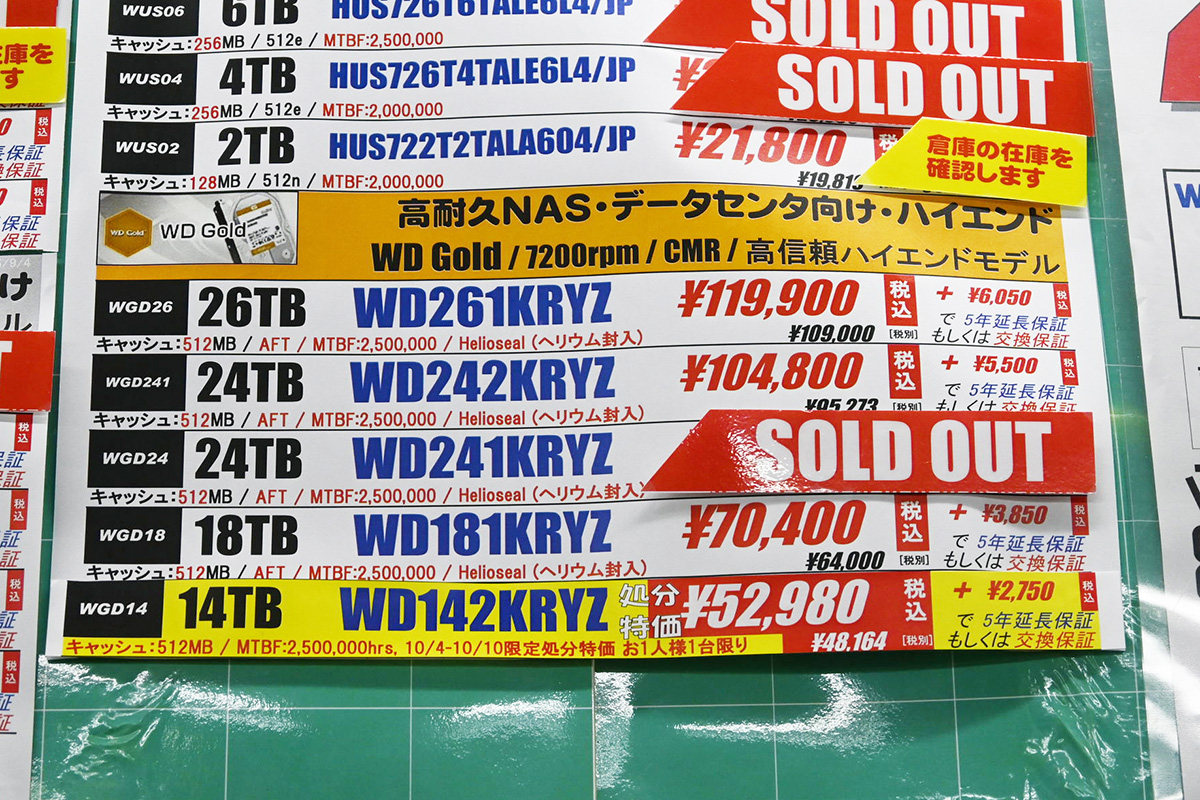 Western Digital「WD Gold」WD142KRYZ(14TB)が52,980円(10月4日撮影)