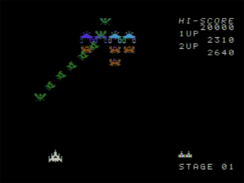 ギャラックスは、アーケード版と同じく上下左右から出現します。一定の軌道を描きながら飛行後に定位置へと整列、出揃ったところで攻撃を開始してきます。