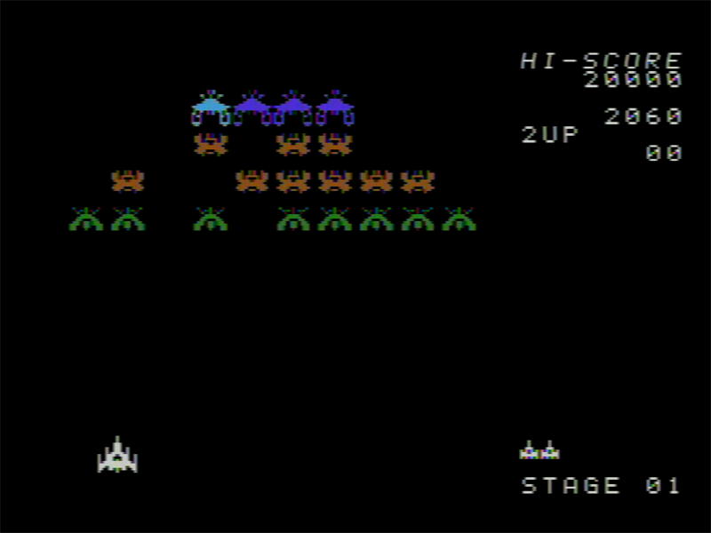 ギャラックスは、アーケード版と同じく上下左右から出現します。一定の軌道を描きながら飛行後に定位置へと整列、出揃ったところで攻撃を開始してきます。