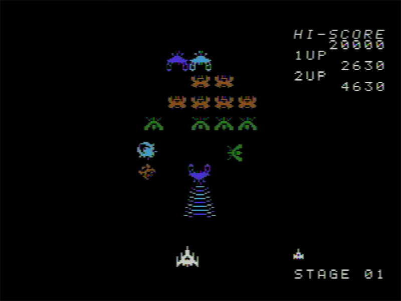 単機で飛んでくるギャラガーは、一定ラインまで降りてくるとトラクタービームを照射します。これに触れると、自機がさらわれて捕虜に。しかし、次に飛来したときに撃ち落とせば、ファイターを取り返せるだけでなくドッキングして2倍の攻撃力になりました。横幅が広がる分、当たり判定も大きくなる諸刃の剣ですが。