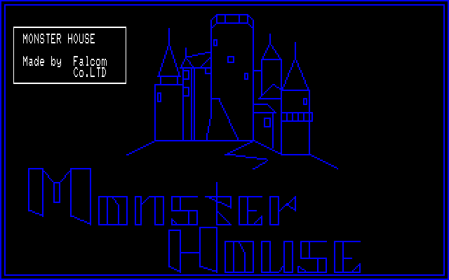 タイトル画面です。ラインのみのシンプルな館が描かれていますが、描画が終わるとオープニングミュージックが奏でられます。なお、これはカラーモニターに出力した画面なのでラインは青で文字が白ですが、MZ-80Bなどの内蔵モニターではグリーン表示となります。