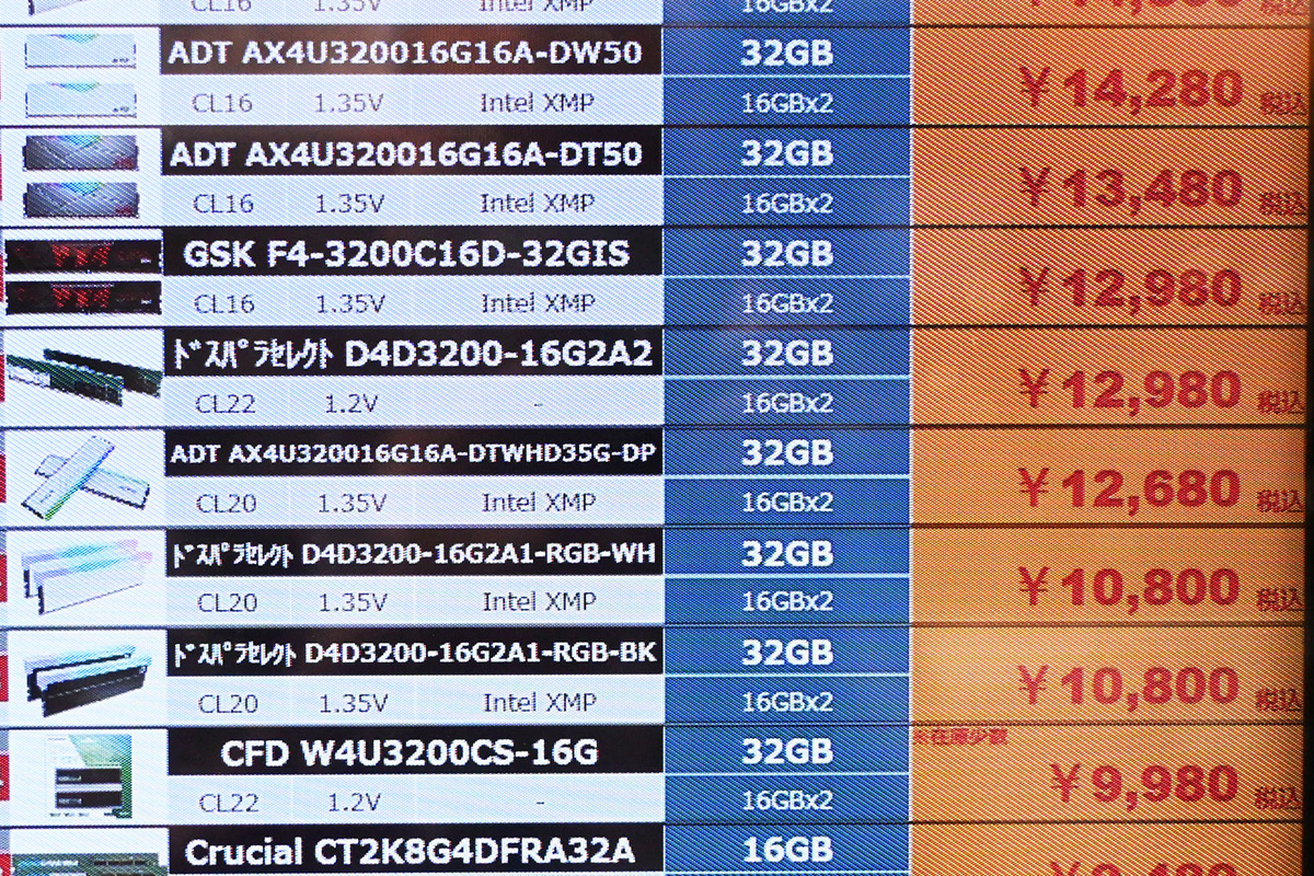 DDR4-3200 16GB×2枚組が9,980円、この日唯一の1万円以下(10月4日撮影)