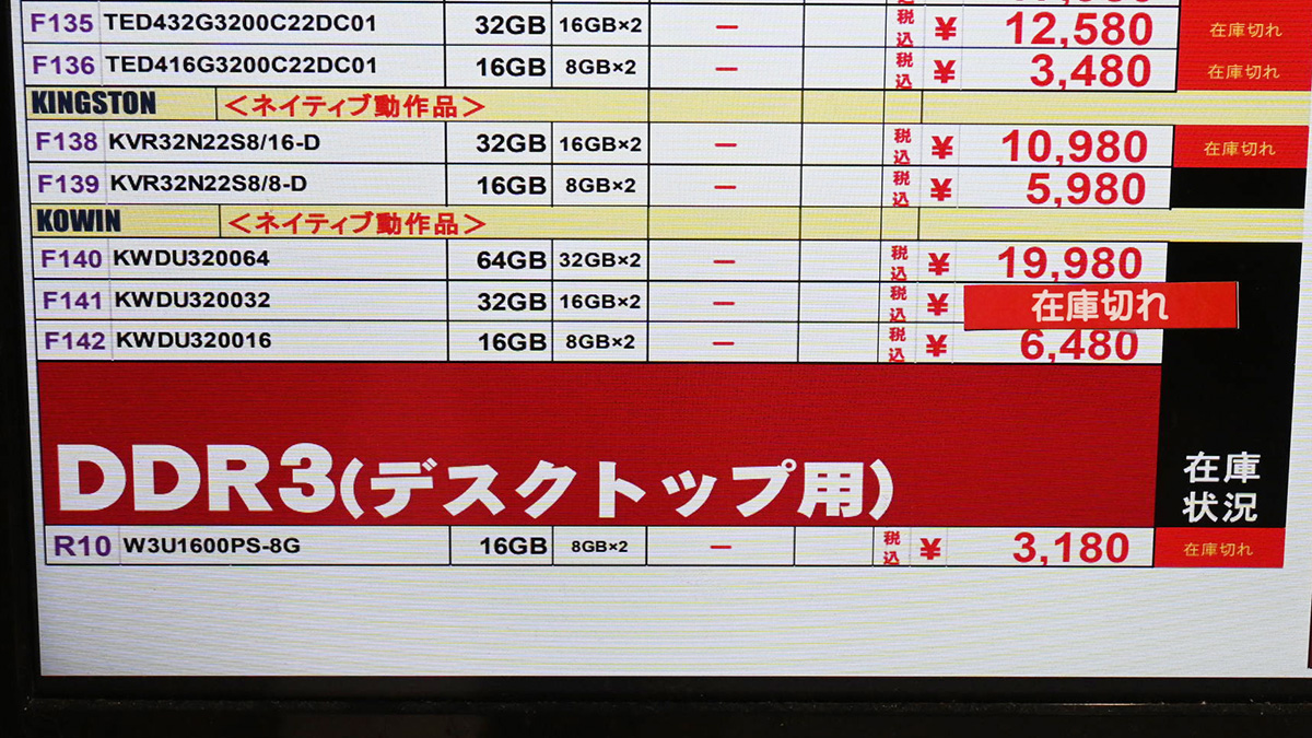 DDR4-3200 32GB×2枚組が19,980円(10月4日撮影)