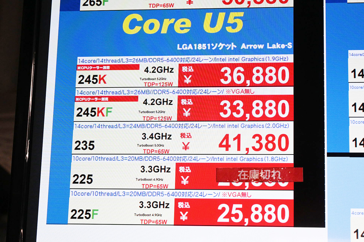 「Core Ultra 5 245K」が36,880円など、Core Ultra 5 225は品切れ(10月4日撮影)