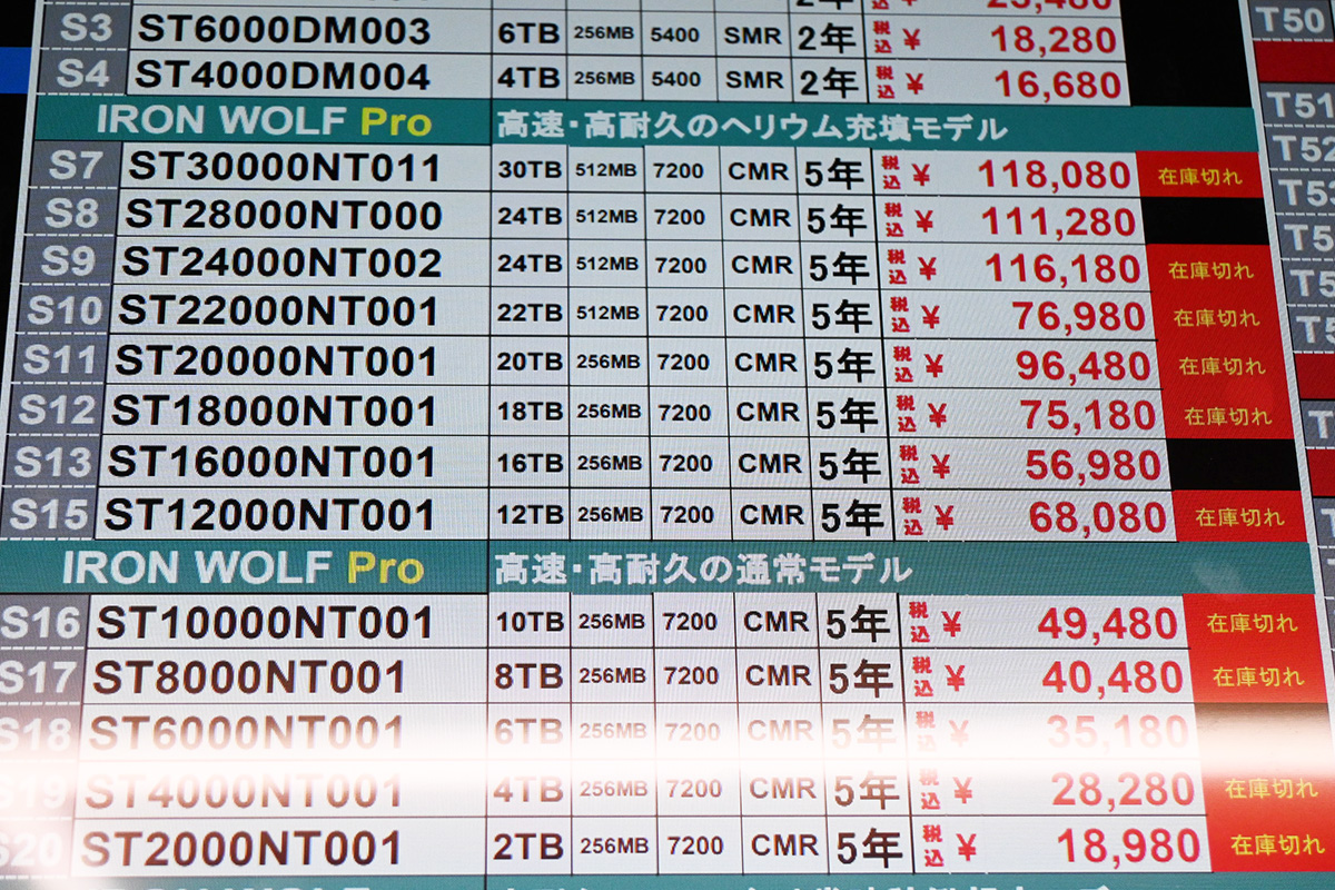「IronWolf Pro」店頭価格表、30TBをはじめ品切れが目立つ(10月18日撮影)