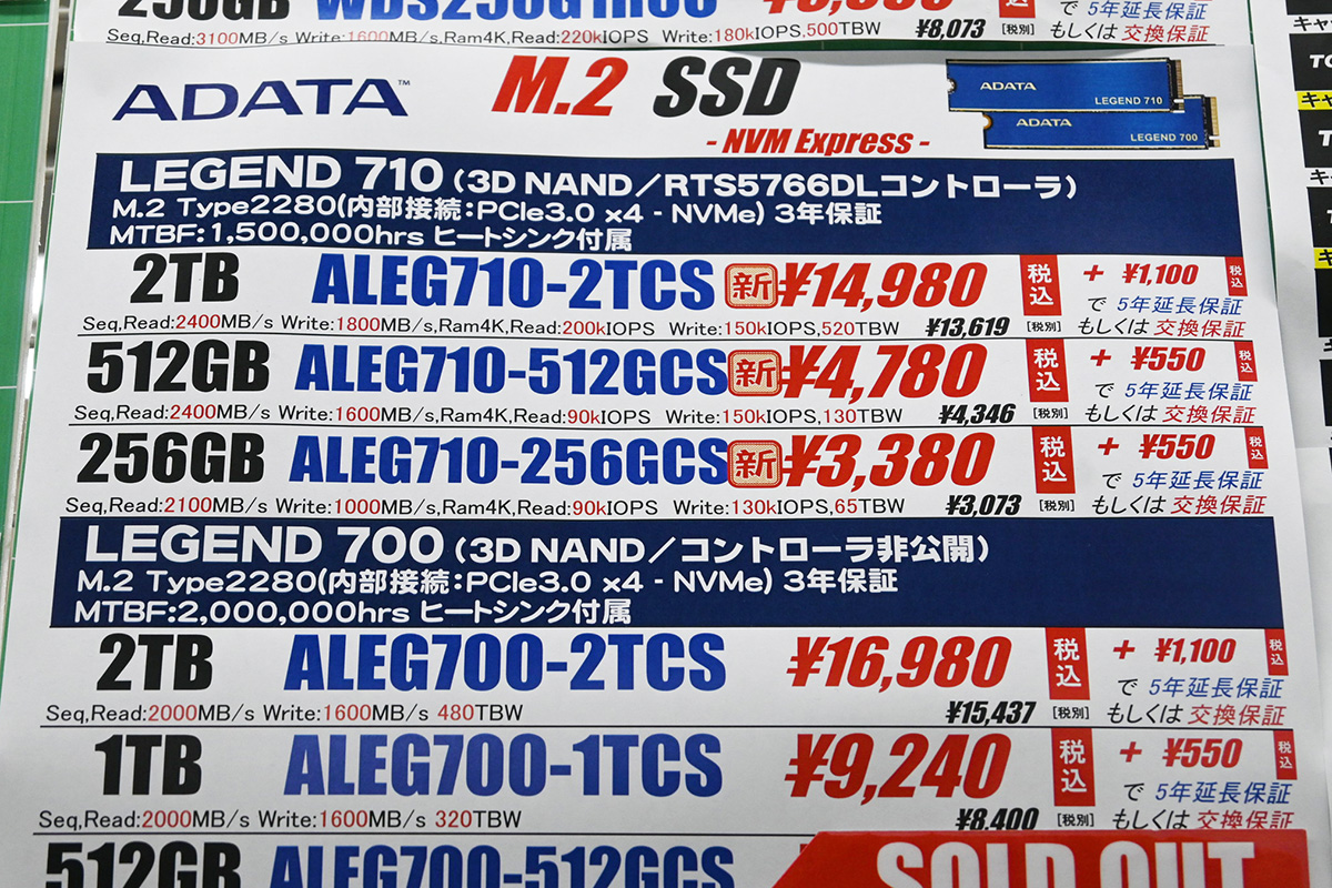 ADATA「LEGEND 710」2TBが14,980円(10月18日撮影)