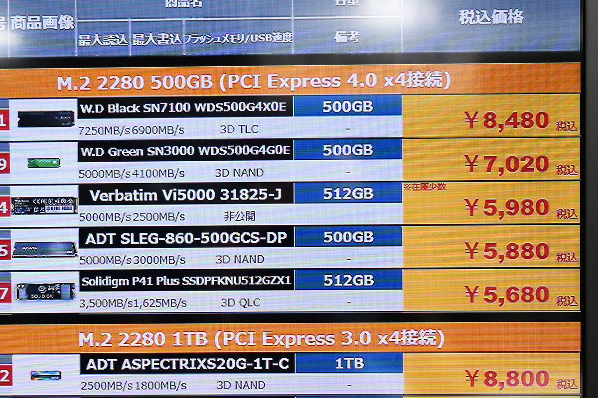 Verbatim「Vi5000」512GBが5,980円(10月18日撮影)