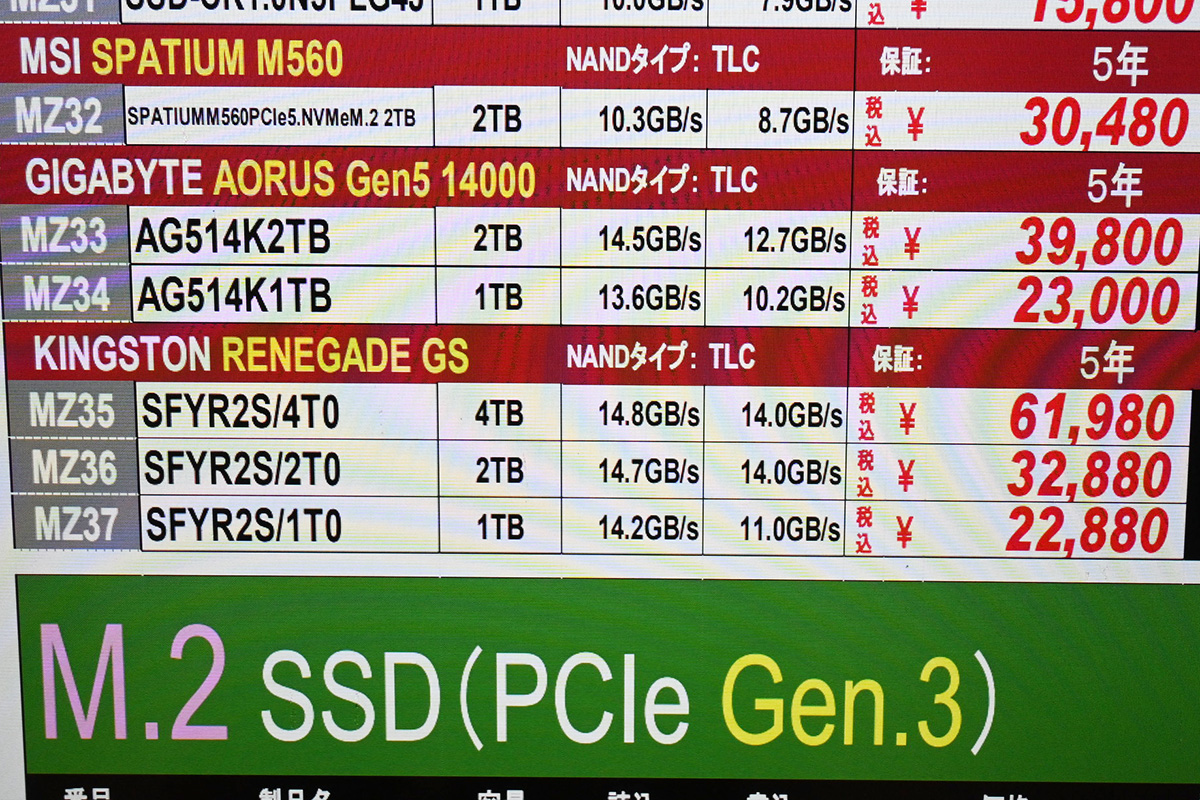 Kingston「FURY Renegade G5」店頭価格表(10月18日撮影)