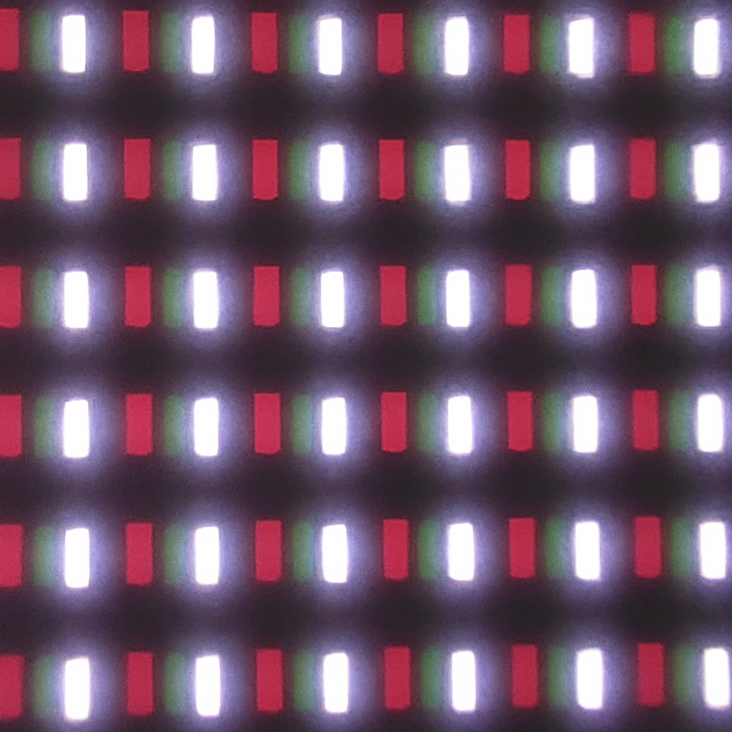 60倍の電子顕微鏡での撮影。白い画面で撮影したので青が白く光っているが、一般的なRGBストライプ配列だった