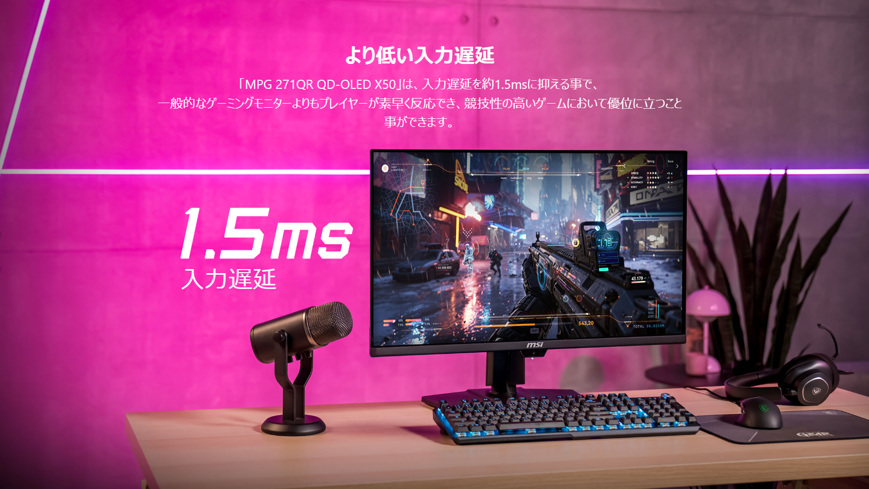 入力遅延は約1.5ミリ秒に抑えられており、PC側での入力が素早く画面表示に反映される