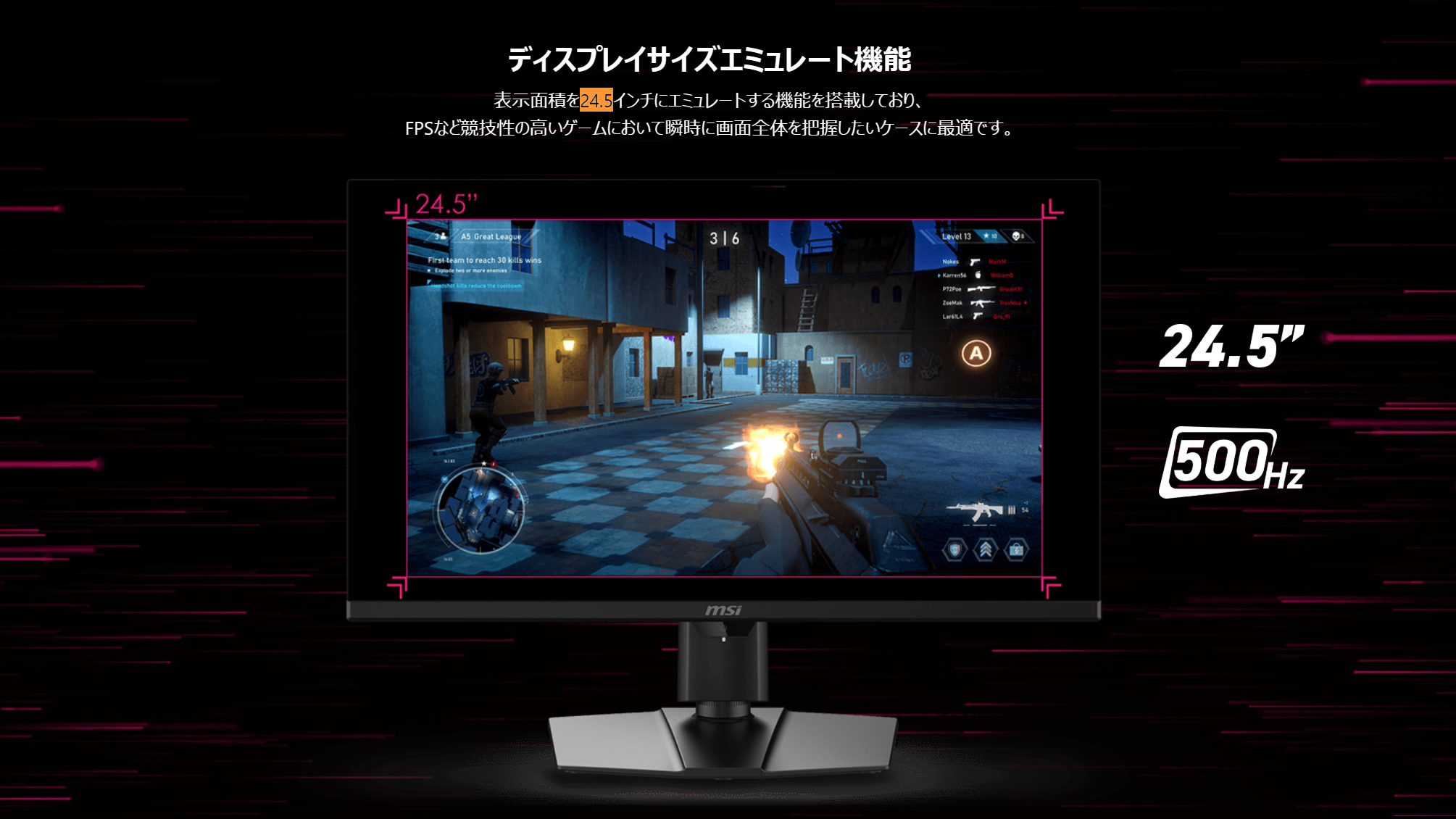 映像の表示領域を24.5インチ相当に縮小するディスプレイサイズエミュレート機能を搭載