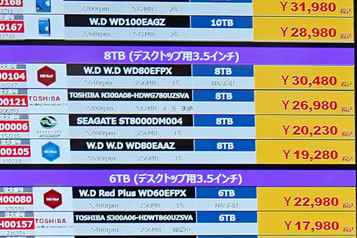 先週末の時点ではWestern Digital「WD Blue」WD80EAAZ(8TB)は2万円未満での販売例も(※17日撮影)