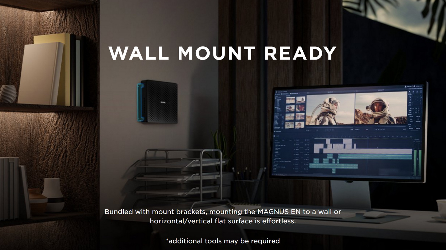 ZBOX MAGNUS EN275060TCのWebサイトでは、付属のウォールマウントキットを利用した壁掛け設置の一例が紹介されている