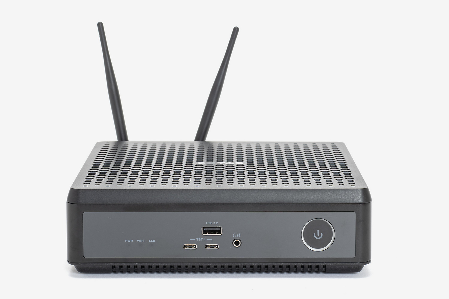 前面にはThunderbolt 4を2基、USB 10Gbpsポートとオーディオ入出力端子を各1基と、大きめな電源ボタンを装備