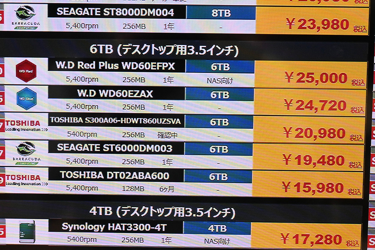 東芝「DT02」DT02ABA600(6TB)が15,980円、今回の6TBでは最安(11月1日撮影)