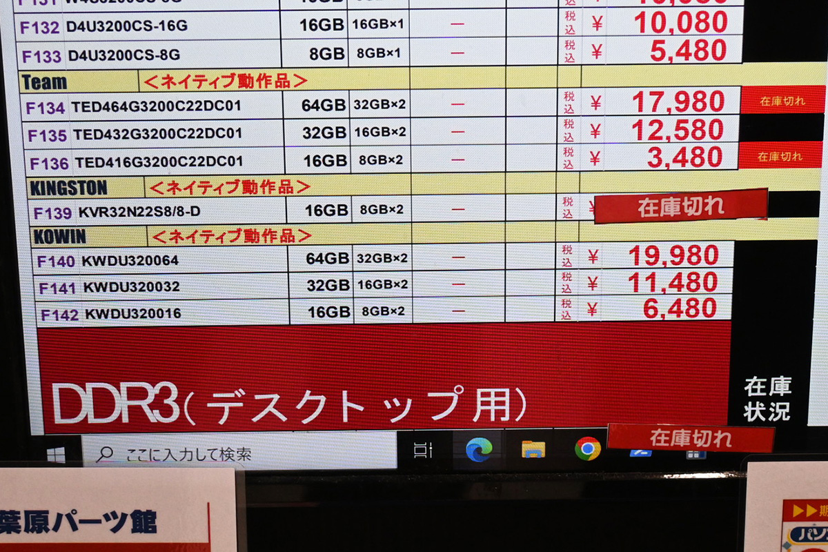 「DDR4-3200」32GB×2枚組が19,980円、こちらも唯一の2万円以下(11月1日撮影)