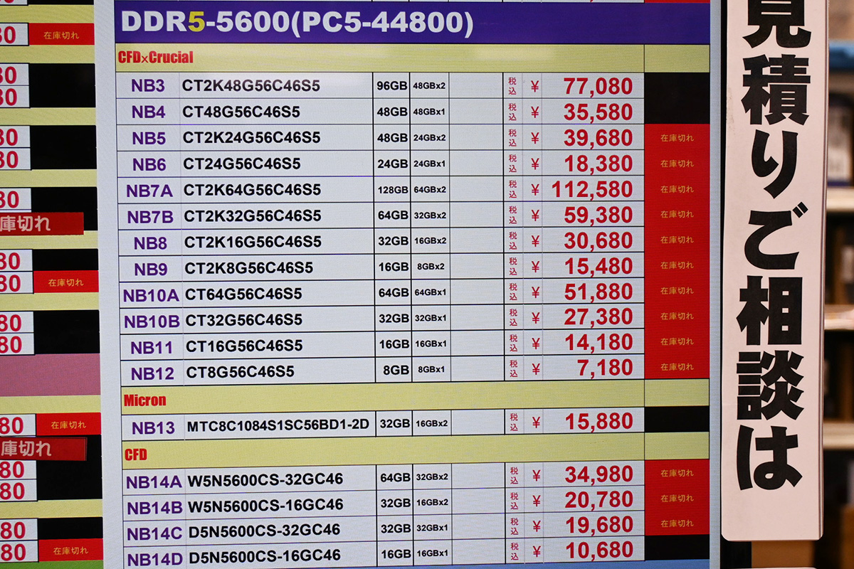 SO-DIMM「DDR5-5600」店頭価格表、軒並み品切れに(11月1日撮影)