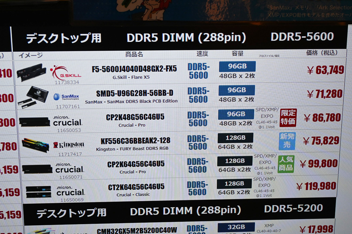 「DDR5-5600」大容量品の店頭価格表(11月1日撮影)