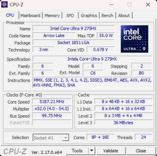 CPU-Zでの表示。CPUには24コア24スレッドの「Core Ultra 9 275HX」を搭載。Pコアを8基、Eコアを16基内蔵する