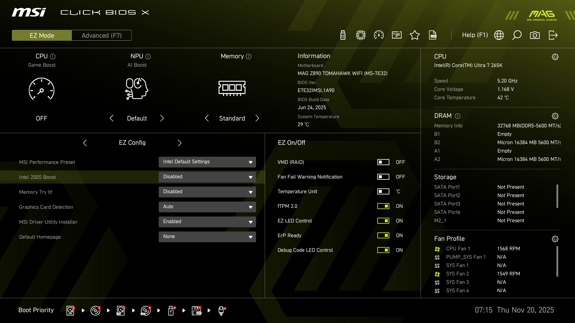 要件を満たすCPUとメモリを搭載すると、BIOSメニューにIntel 200S Boostが出現