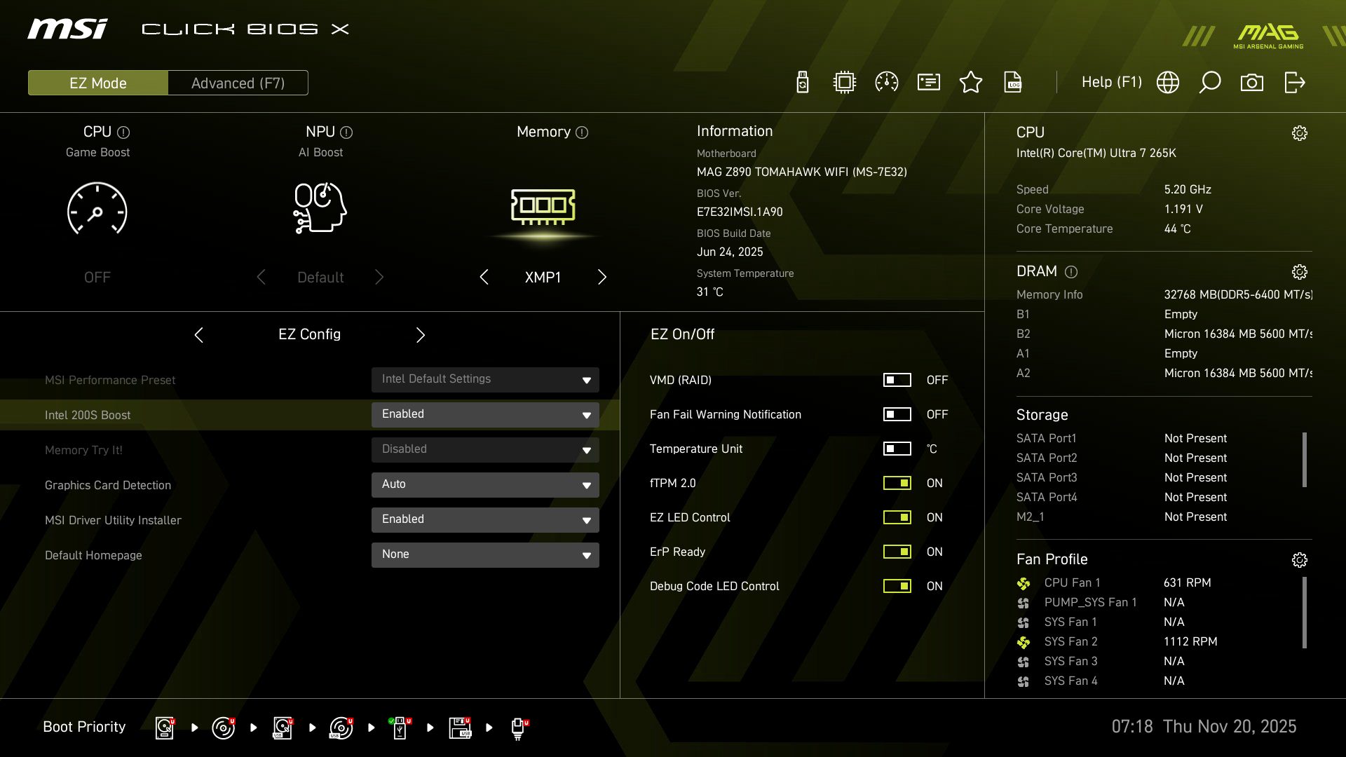 Intel 200S Boostを有効化してBIOS設定を保存すると、再起動後にXMPに基づくDDR5-6400動作設定が反映された