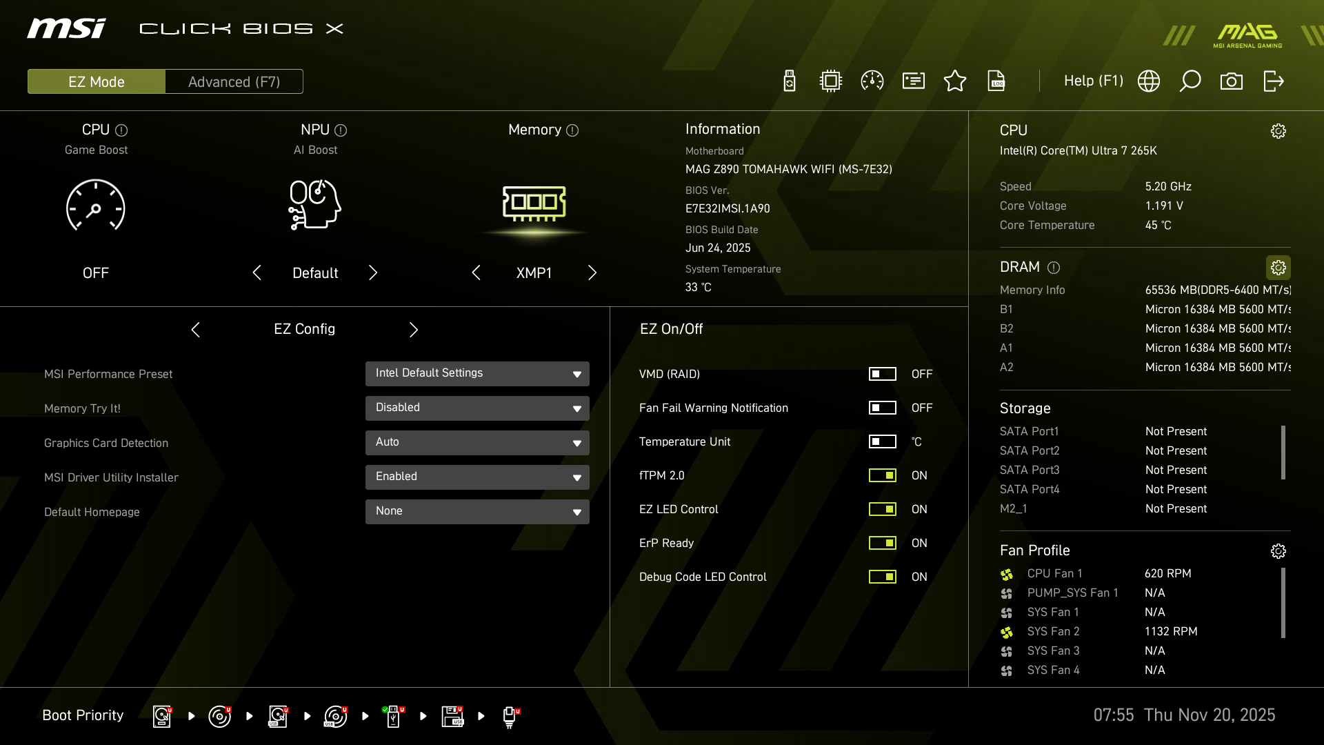 4枚挿しでXMPを読み込んだ結果、特に問題なくDDR5-6400/CL32動作で起動した