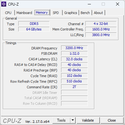 CPU-Zの実行画面。64GB構成(16GB×4枚)でDDR5-6400(MCLK＝3,200MHz)動作を実現している