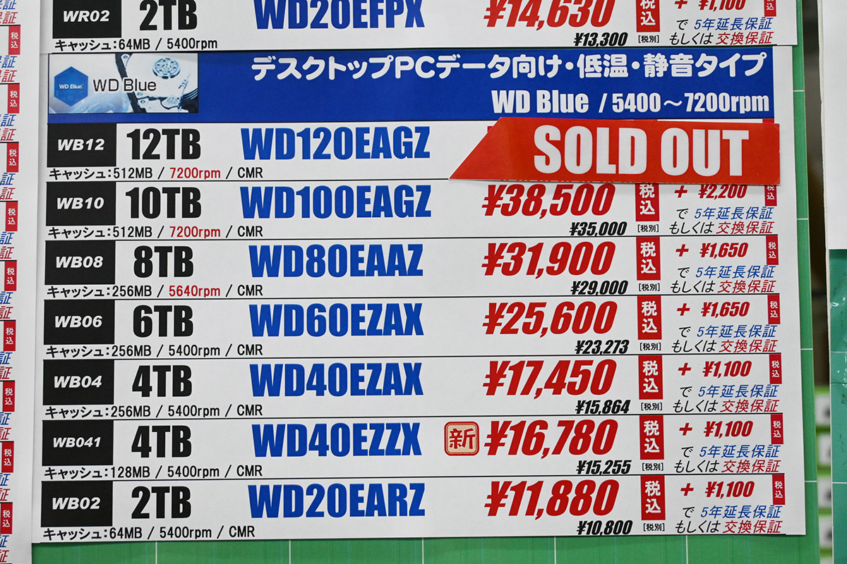 Western Digital「WD Blue」の4TBは、WD40EZAXとWD40EZZXの2モデルが併売されている(11月22日撮影)