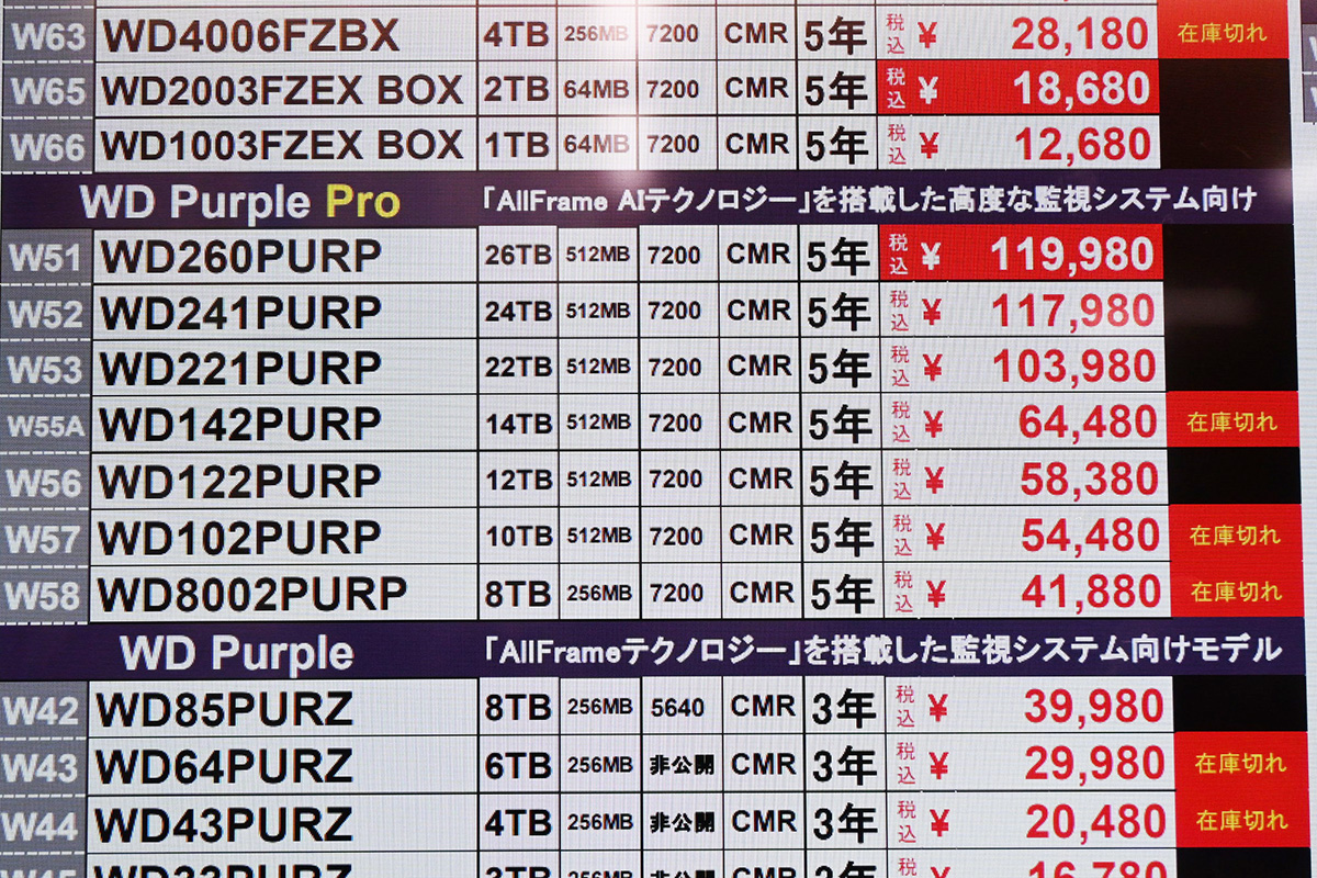 Western Digital「WD Purple Pro」店頭価格表、26TBが119,980円(11月22日撮影)