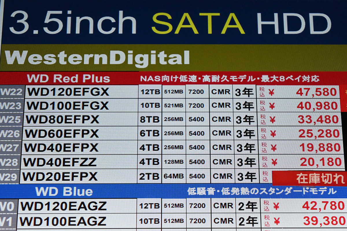 Western Digital「WD Red Plus」店頭価格表、4TBはWD40EFZZのほうがやや高い(11月22日撮影)