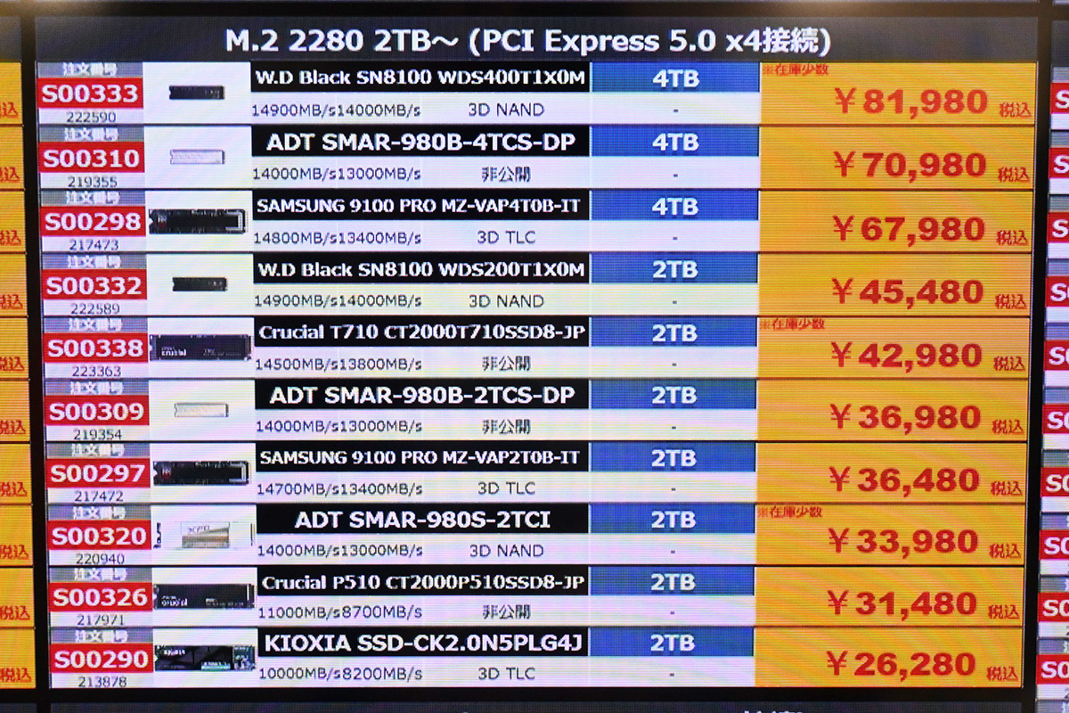 PCIe 5.0 x4 2～4TBモデル店頭価格表、ADATA「MARS 980 BLADE」4TBが7万円台に(11月22日撮影)