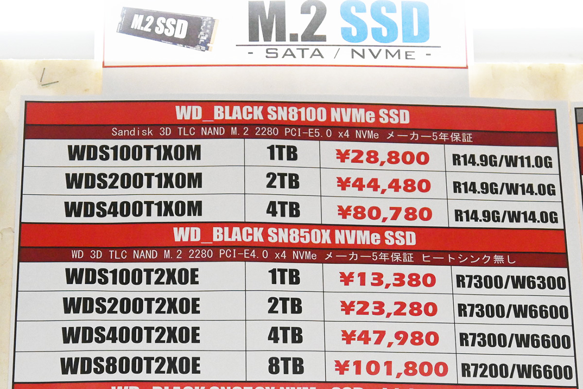 Western Digital(SanDisk)「WD Black SN8100」がやや上昇(11月22日撮影)