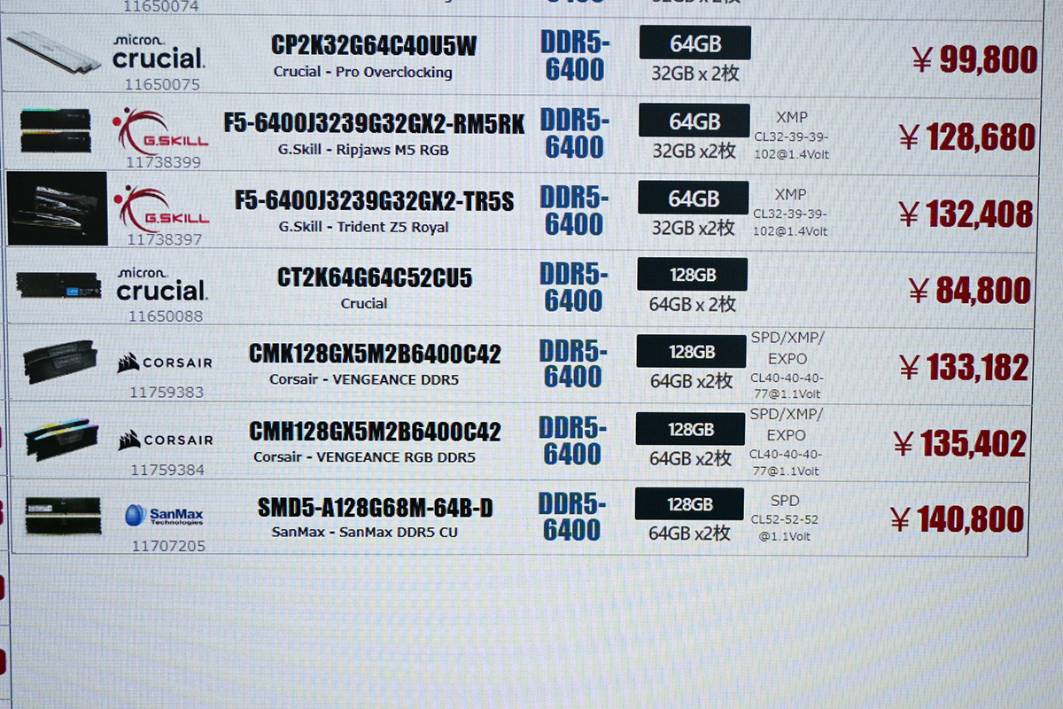 「DDR5-6400」CUDIMM 64GB×2枚組が84,800円(11月22日撮影)