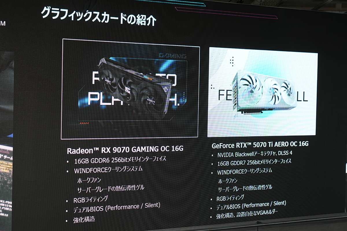 マザーボードやビデオカード、電源やケースなど、GIGABYTE製品の特長が紹介された