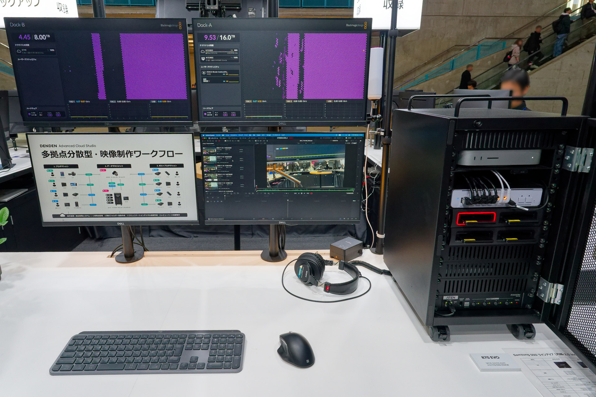 クラウドストレージを利用した多拠点分散型の映像制作ワークフローを実現するシステム。ここでもSamsung 870 EVOが用いられている