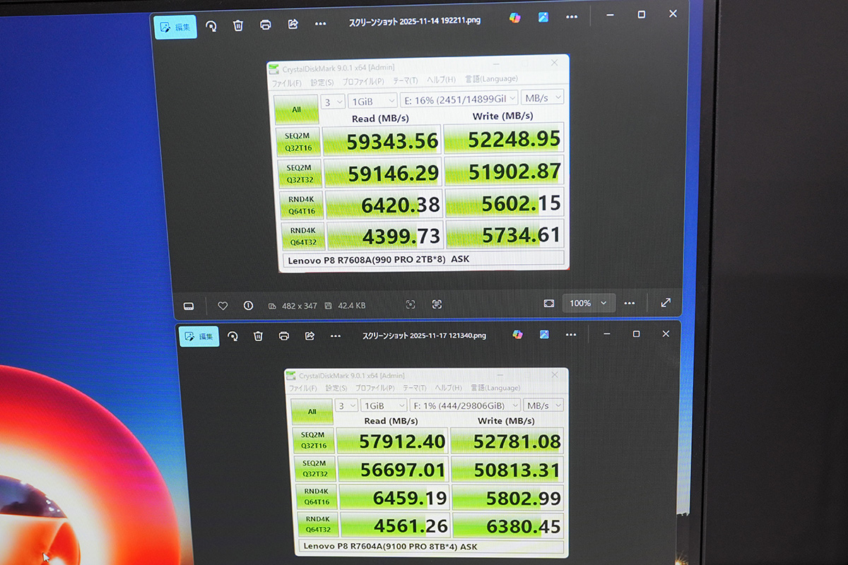 ベンチマークでは60GB/sに迫るストレージを使い、実際のファイル転送でもこの数値に近い性能を引き出すテストが行われていた
