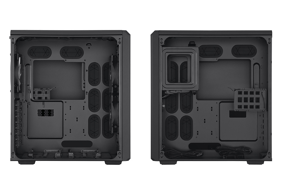 Carbide Air 540の内部を左右側面から見たところ。左チャンバーにはマザーボードを中心に、PCを構成する主要パーツがほぼすべて収納される。右チャンバーには電源ユニット、5インチドライブ、一部のストレージ、ケーブル類を収納。発熱の高いパーツはほぼすべてが左チャンバーに集中する。使いやすさや拡張性は現在でも通用しそうではあるが……