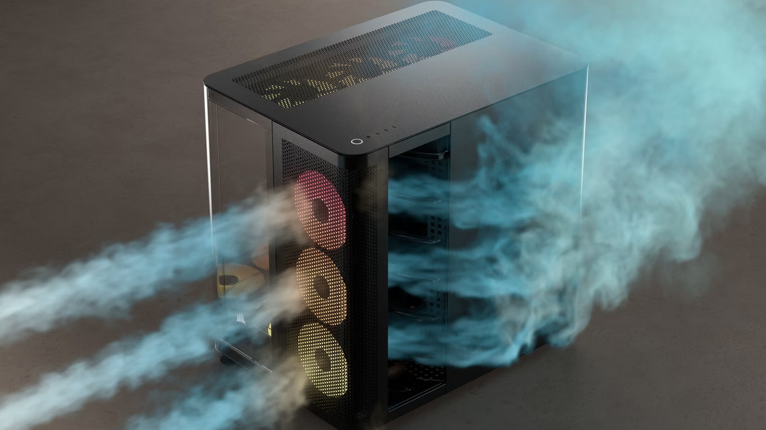 ラジエーターのチャンバーのエアフロー(製品情報ページより)。前面側から新鮮な外気を取り込み、ラジエーターを通過して熱を持った空気は側面から後方に即座に排気される。排気はケース内のほかのチャンバーを通過することはないため、CPUの熱はほかのパーツに悪影響を及ぼすことなくケース外に排熱される、という構造だ