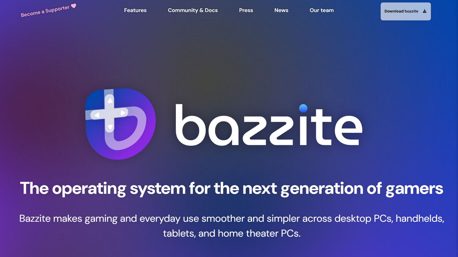 <a href="https://bazzite.gg" class="n" target="_blank">Bazziteの公式サイト(https://bazzite.gg)</a>。インストールに必要なISOファイルのダウンロードは右上のボタンから