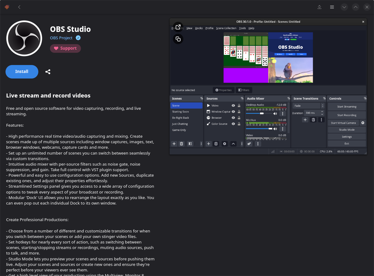 OBS StudioをBazaarで導入する手順はInstallボタンを押すだけでよい