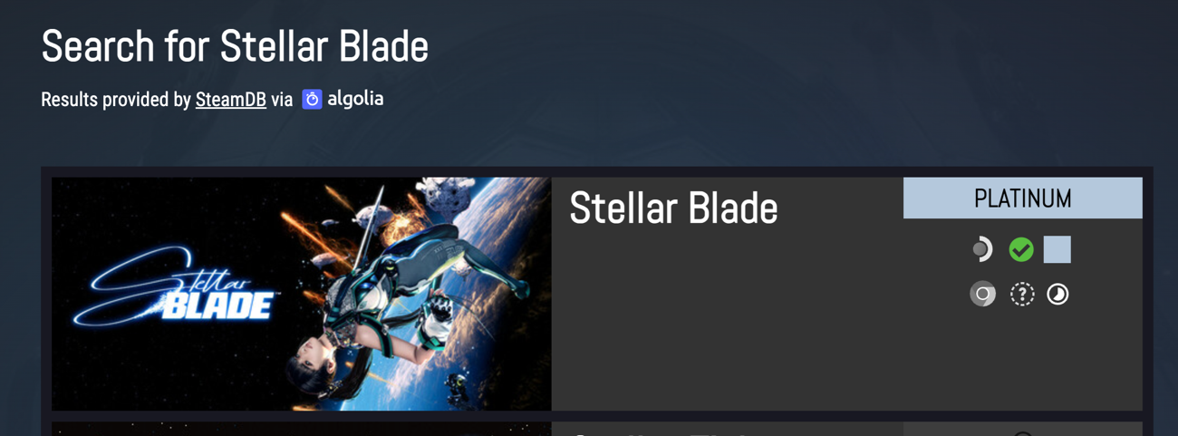 「Stellar Blade」は最高ランクのPlatinumである。これはSteam Deckでも動作し、かつSteam Deckの画面やコントローラーにも十分配慮されているなどの要素を反映したものだ