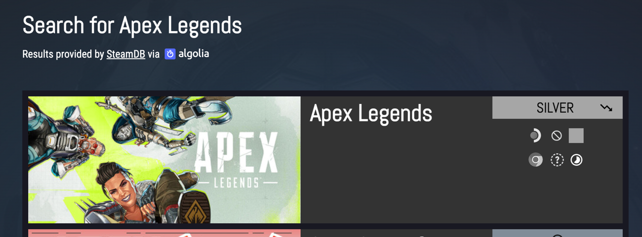 Apex LegendsはSilverに格付けされているが、Linuxでは現在動作はしない。約1年前にアンチチート機能がWindows必須となったためLinuxでは動作しなくなったからだ。Silverランクなのは過去の評価を引きずっているためである(トレンドのアイコンが下降線になっているため、いずれはBronze→Borkedに変わるだろう)