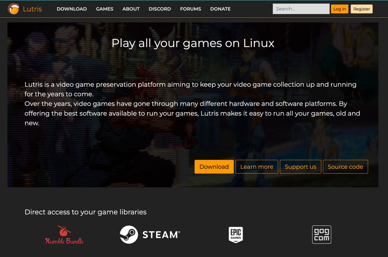 Lutrisのトップページ。収録されているゲーム数がとてつもなく多いので、検索を賢く使おう