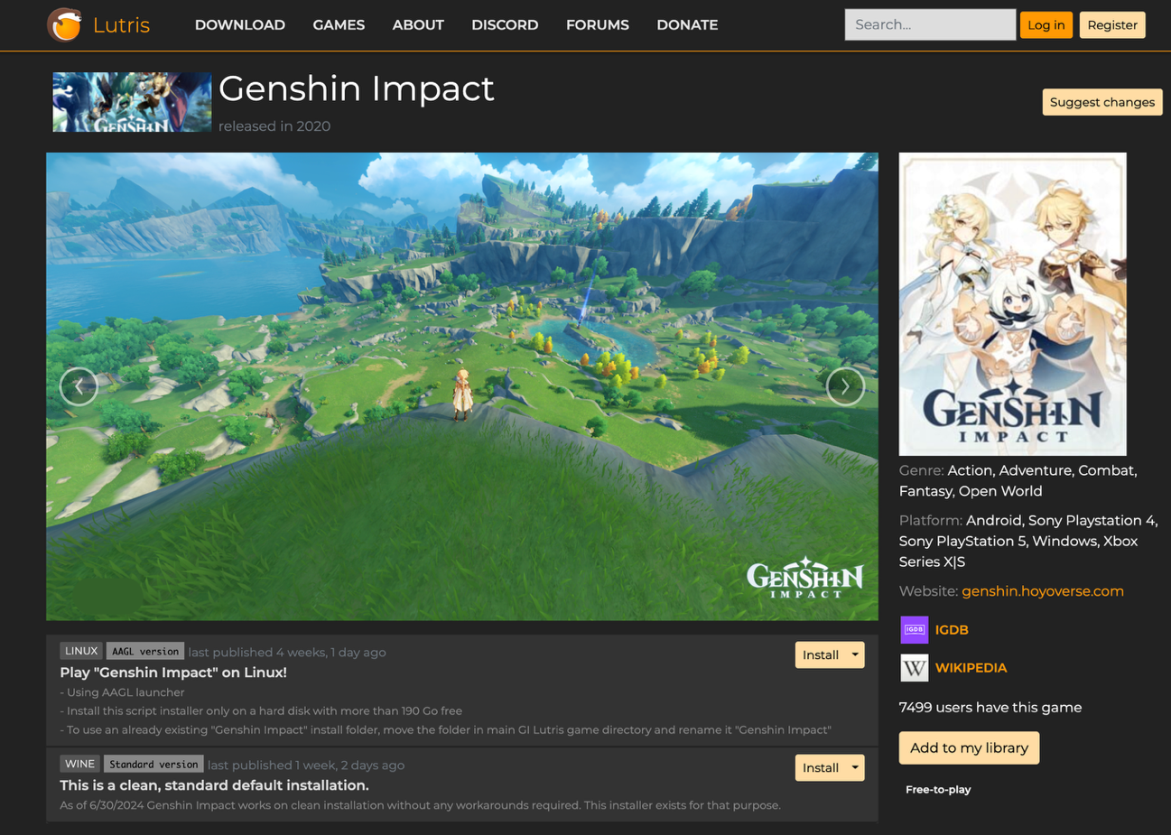 「原神」はBazziteでも動作する。下にInstallボタンがあるが、これをクリックするとBazziteにプリインストールされているLutrisクライアントが起動し、インストールすることができる。ただ現時点ではその解説は割愛しよう