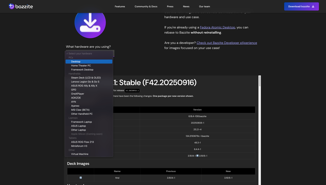 最初にインストールするハードを選ぶ。ASUS「ROG Ally」やLenovo「Legion Go」など、特定デバイス用の選択肢があるが、これはそのハード特有のドライバが含まれていることを意味する。自作PCなら「Desktop PC」でよい