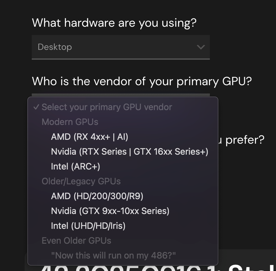 次にゲームで使用するGPUを選択する。AMD/NVIDIA/Intelの3種類があり、ここで正しいものを選択することが重要だ。さらに選択肢がModernとOlderで分かれている。ただBazziteの場合、Modernを選んでもRadeonならRX 400シリーズからRX 9000シリーズまで、GeForceならGTX 16シリーズからRTX 50シリーズまで幅広くカバーしているので、あまり悩まなくてよいのが助かる